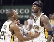 O'Neal (far right) against the Boston Celtics